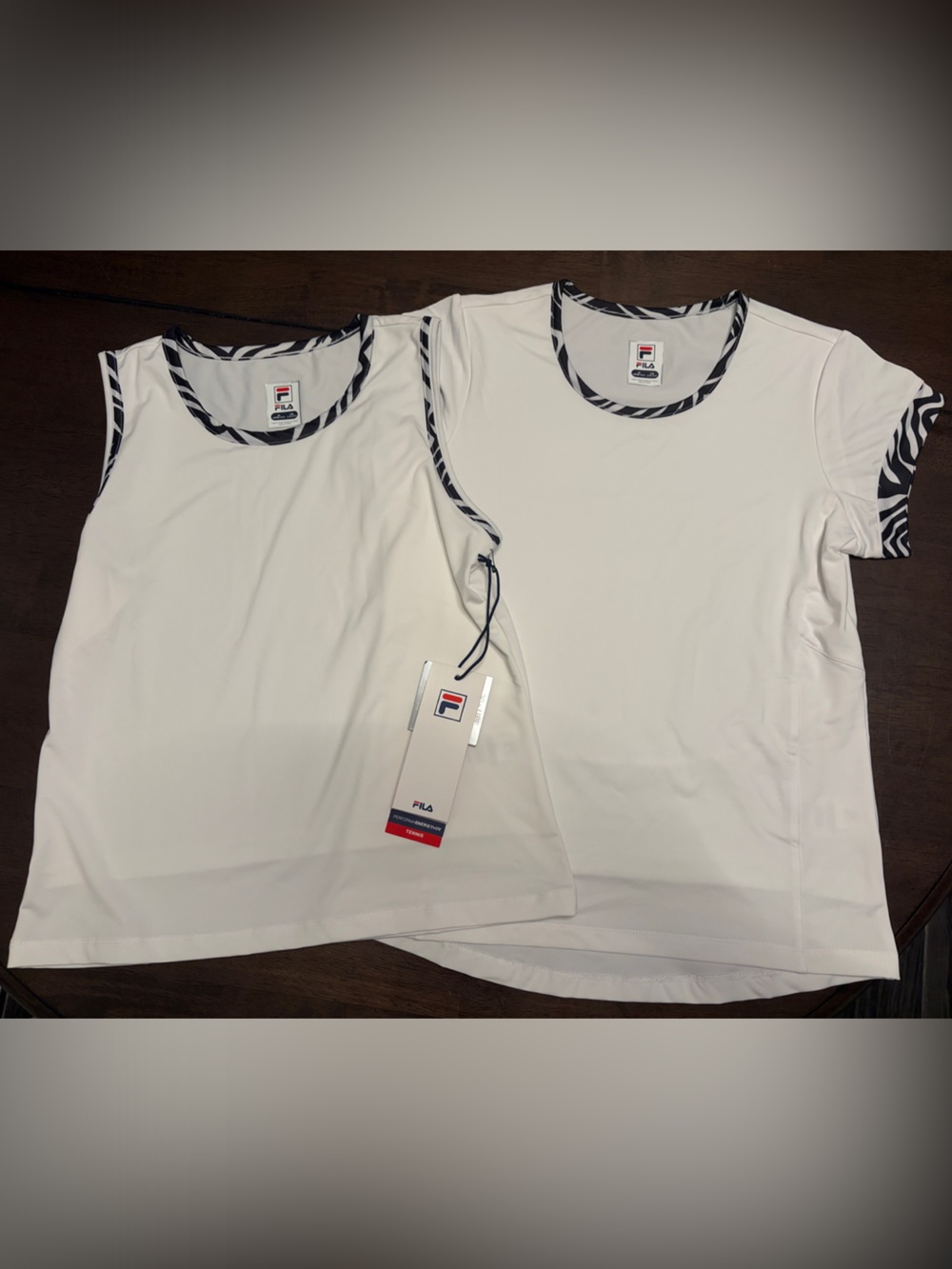FILA Sz Large Girls White Athletic Tee and Tank with Black Zebra Trim Two Pack